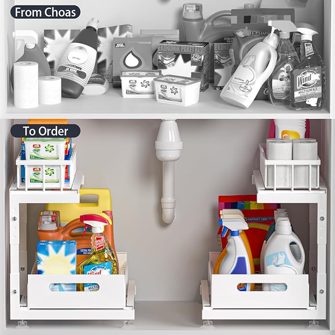 Under Sink Organizer, 2-Tier Premium Metal Pull-Out Racks with Adjustable Height, Heavy Duty Sliding Bin for Bathroom and Kitchen Cabinet Storage, Rust Resistant 2 Pack
