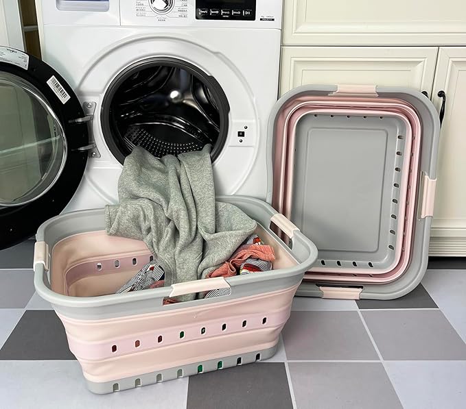 SAMMART 42 (11 Gallons) Collapsible Plastic Laundry Basket, Foldable Pop Up Storage Container/Organizer, Space Saving Hamper, Portable Bin for Dorm Room Bathroom (2, Grey/Pink)