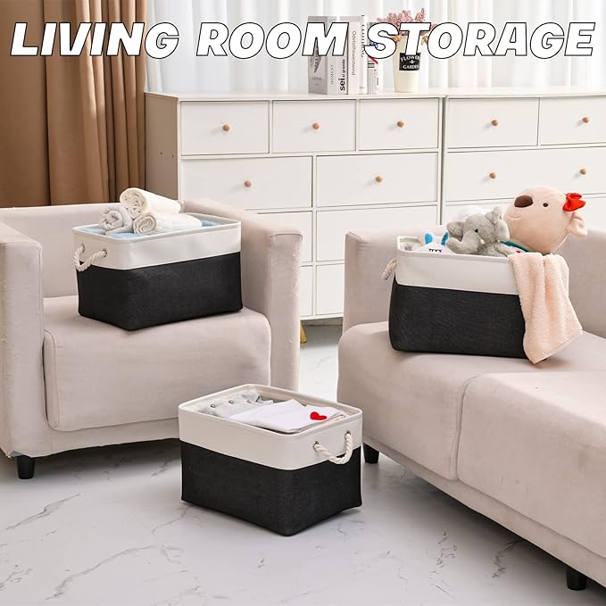 Storage Bins 3 Pack, Fabric Storage Basket for Collapsible Medium Canvas Storage Baskets for Organizing Shelf Nursery Home Closet with Cotton Rope Handle 15(L) x 11(W) x 9.5(H) inch(White&Black-3PCS)