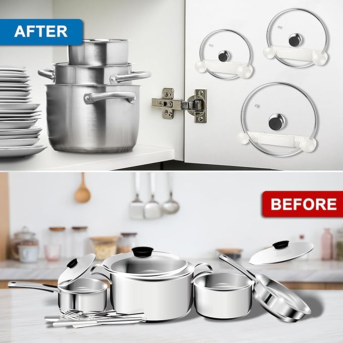 4-piece pot lid rack, pot lid storage container suitable for lids ranging from 6 inches to 14 inches, adhesive wall mounted pot lid storage, suitable for kitchen cabinets and cabinet doors (White)
