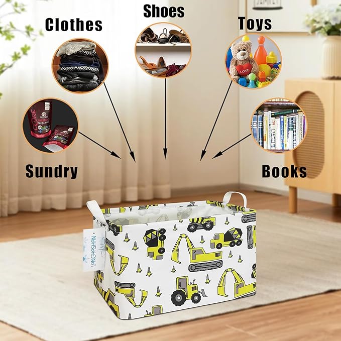 LANGYASHAN Rectangular Storage Bin Collapse Canvas Fabric Cartoon Storage Basket with Handles for Organizing Home Kitchen Boys and Girls Toys Office Closet Shelf Baskets (Rec Engineering Vehicle)
