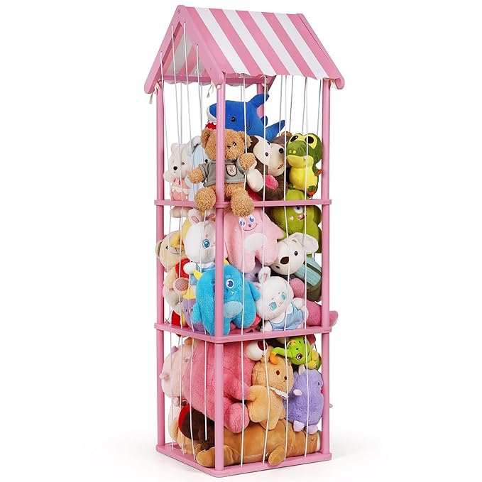 Stuffed Animal Storage, Space Saving Vertical Stuffed Animal Holder Wood, Easy Assembly Cottage-Style Plush Toys Organizer for Kids Bedroom & Playroom (Pink, Large)