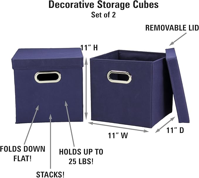 Household Essentials 33-1 Decorative Storage Cube Set with Removable Lids | Navy | 2-Pack