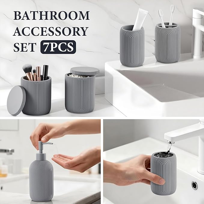 Bathroom Accessories Set - 7-Piece Resin Bathroom Set, Toothbrush Holders Set, Soap Dispenser, Qtip Holder Dispenser, Tumbler, Soap Dish & Tray, Modern Bath Decor for Home Dorm Hotel (Grey)
