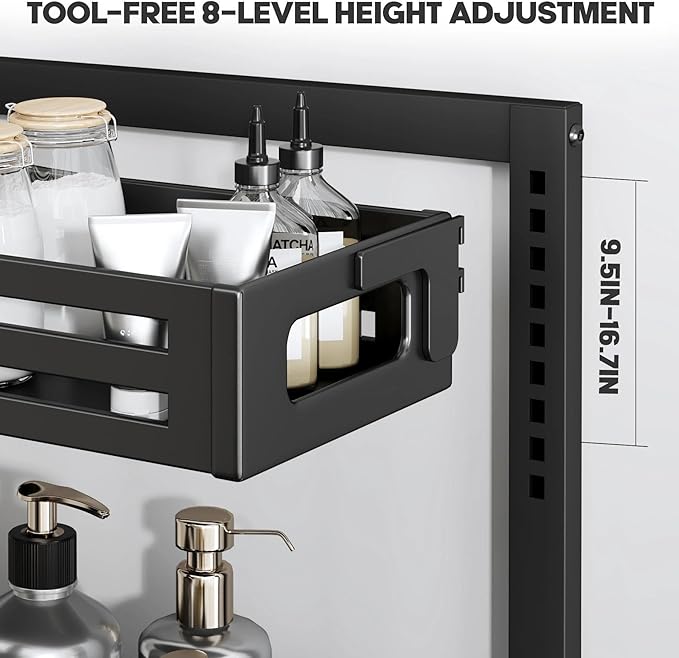 2 Pack 17IN-Depth Under Sink Organizer,Pull Out Cabinet Organizer With Smooth Cylindrical Rail,Metal Slide Out Drawer for Kitchen Bathroom Laundry,8-Level Tool Free Height Adjustable-Black