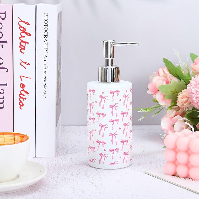 Pink Bow Soap Dispenser Refillable Soap Container Watercolor Bow Mini Heart Glass Soap Dispenser with Pump for Bathroom Kitchen Countertop Decor
