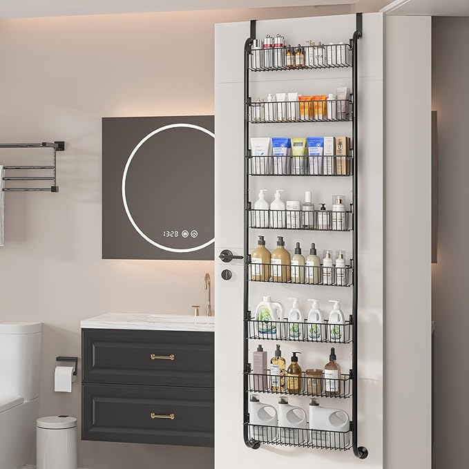 MIAOLI Over the Door Pantry Organizers and Storage, 8-Tier Spice Rack, Home & Kitchen Storage Shelves for Cabinet, Large Capacity Hanging Seasoning Organizer, Laundry Room Organization, Black