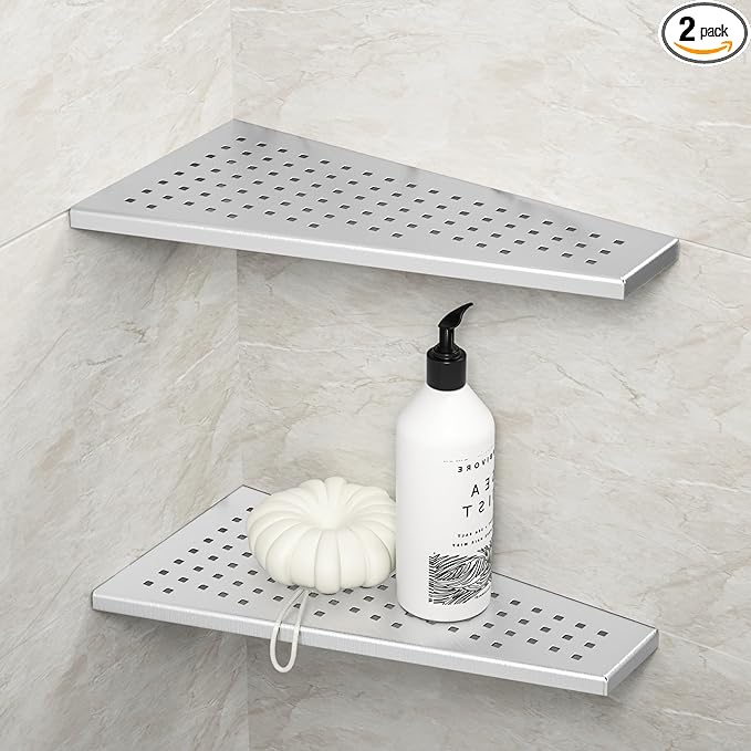 Bernkot Corner Shower Shelf, 12" Trapezoid Grout in Shelf, 304 Stainless Steel Grid Design Recessed Bathroom Shelf for Tiled Wall
