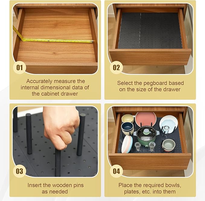 Kigley 6 Pcs Wood Pegboard Drawer Organizer with 48 Pegs Wood Peg Board System Peg Drawer Organizers for Kitchen Dishes Plate Pegboard Food Containers(20.98x5.91,Dark Gray)