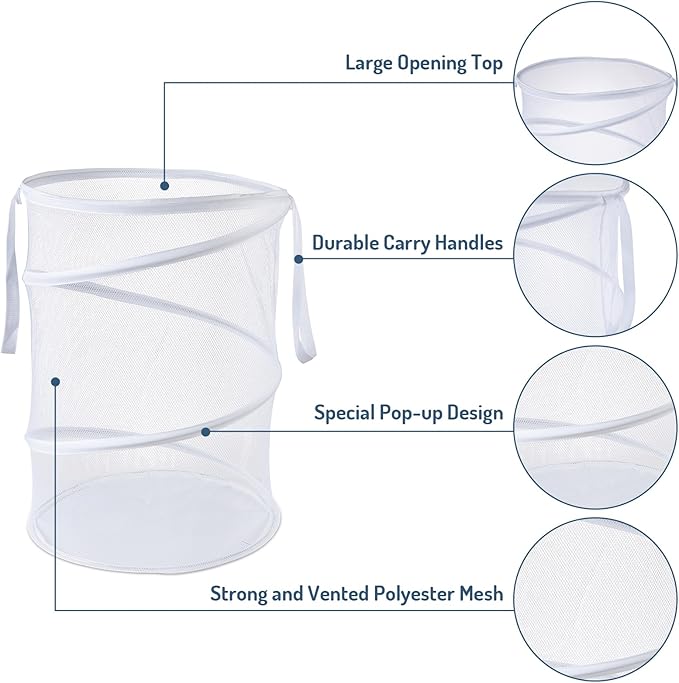 Mesh Popup Laundry Hamper 115L Collapsible Laundry Basket Extra Large Capacity Foldable Clothing Storage Basket with Handles No Lid 26 H x 18 W x 18 L (White)