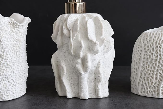 Hymmah Bathroom Accessories Set,Coral Seashell Design Toothbrush Holder,Farmhouse Bathroom Decor,4 Pcs Resin Gift Set Apartment Necessities, Contain Toothbrush Cup,Soap Dispenser,Soap Dish,Tumbler