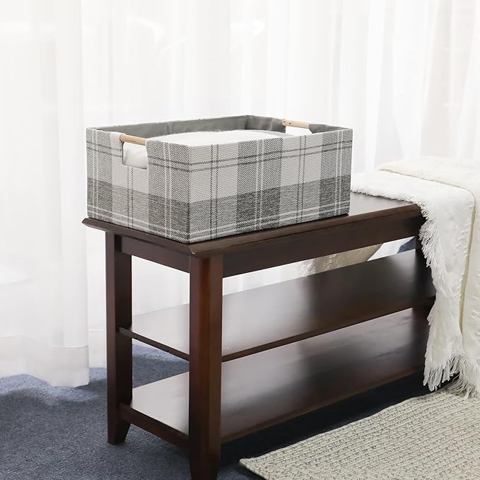 Fabric Storage Bin Box Collapsible Cotton Linen Storage Cube with Wooden Handles Rectangular Decorative Home Organizer Clothes Blanket Basket– Light Gray Plaid, Small