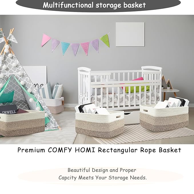 COMFY-HOMI 3 pcs Large Storage Baskets for Shelves, Laundry Basket, Woven Rope Basket, Closet Organizer Bins for Clothes Blanket Towels, Baby Nursery, Gift Toy Baskets, 17” x 13” x 7.5”-White/3 Brown