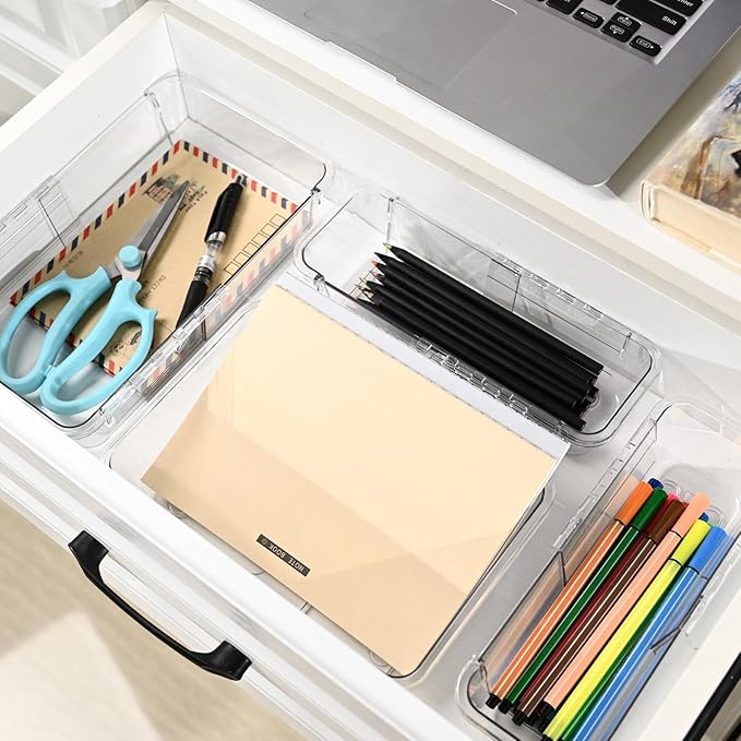 8 Pcs Mixed Extendable Clear Drawer Organizer, All Adjustable Vanity Storage Box, 2-Size Desk Drawer Organizer, Acrylic Storage Bins for Makeup, Cosmetic, Bedroom Dressers Tool Organizer for Gadgets