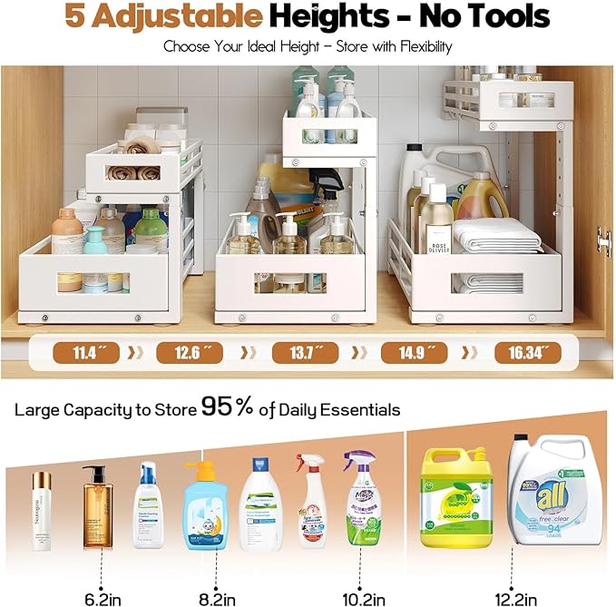 1-Pack Under Sink Organizers and Storage,2-Tier L Shape Pull Out Cabinet Organizer With Round Tube Slide Rails,Hight Adjustable Slide Out Drawers for Kitchen&Bathroom,Multi-Purpose Storage Shelf-White