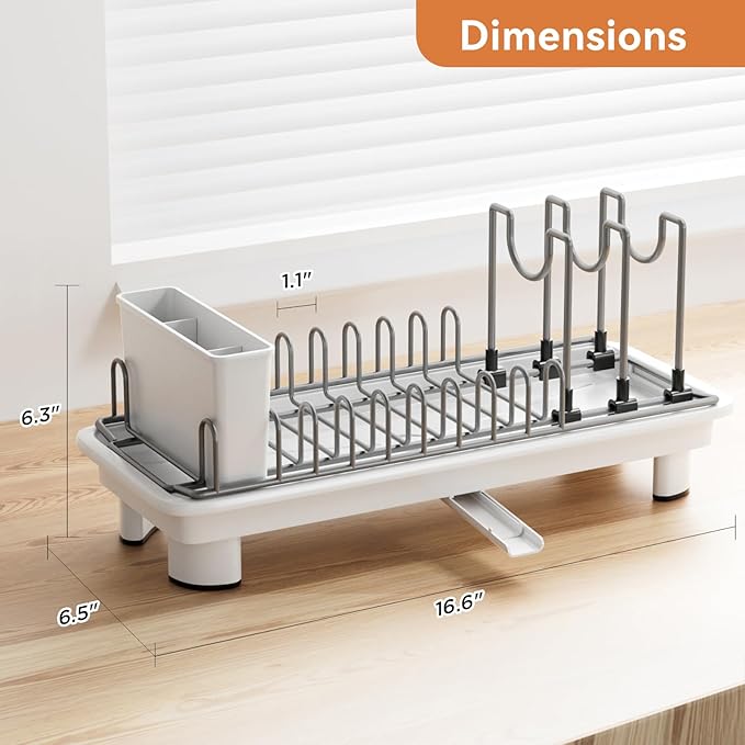 Small Dish Drying Rack, Compact Dish Drainer for Kitchen Counter, with Adjustable Back Slots, Space-Saving for Small Kitchens, White