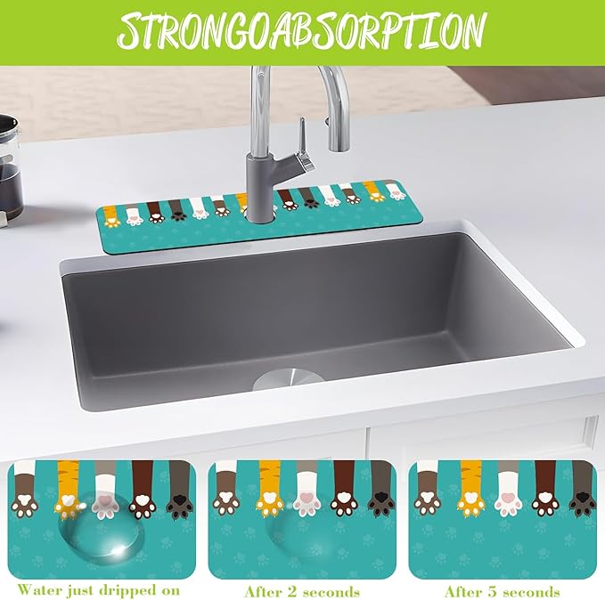 Sink Splash Guard Faucet Mat Cat Paws and Footprints Absorbent Fast Drying Mat Sink Gadgets Splash Guard Behind Faucet Drip Catcher for Kitchen Bathroom 23.5"X5.5"