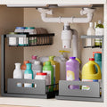 VUSIGN Under Kitchen Sink Organizer, 2 Tier Metal Slide out Sink Shelf Pull out Cabinet Organizer Drawers for Bathroom Kitchen Laundry, 2 Pack, Black