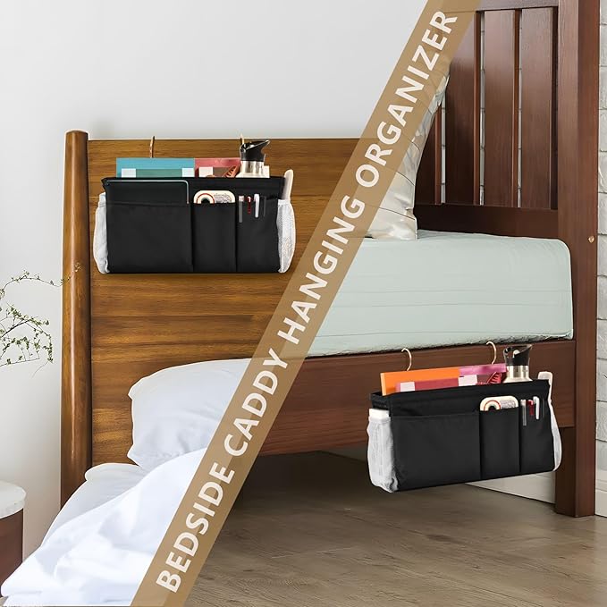 KOPIRIT Black Bedside Caddy Storage Bag Bedside Organizer for Bed Rails College Dorm Room Organizer Caddy Hanging Shelf 6 Pockets with Hooks for Drinks Magazine Phone Holder