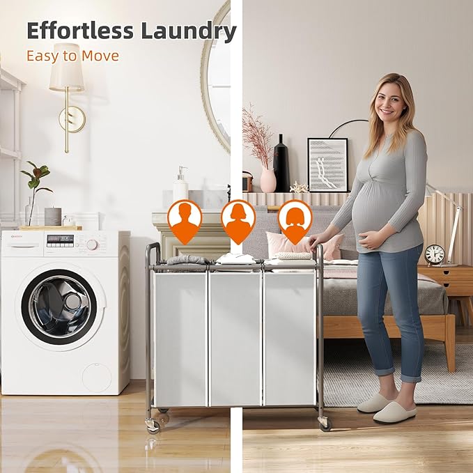 ROMOON Laundry Sorter Hamper 3 Section, Divided Laundry Basket Organizer with Heavy Duty Lockable Wheels and Removable Bags, Rolling Clothes Hamper for Apartment, Dorm & Family (130L Neutral Gray)