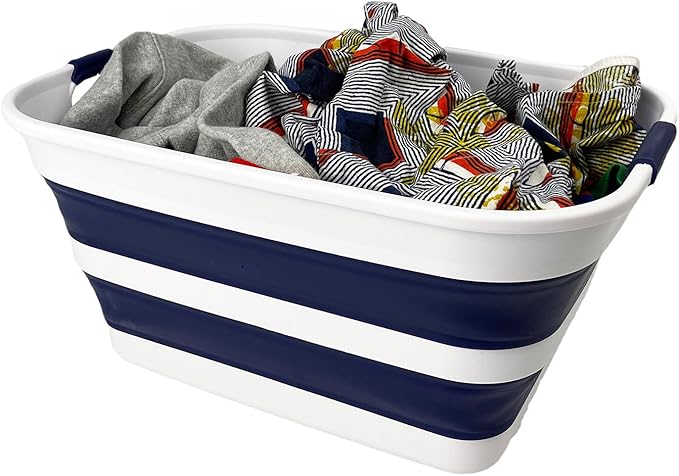 SAMMART Collapsible Plastic Laundry Basket with Handle/Foldable Pop Up Storage Hamper/Portable Laundry Organizer-Space Saving Washing Tub/Household Storage (White/Starry Blue, 27L)