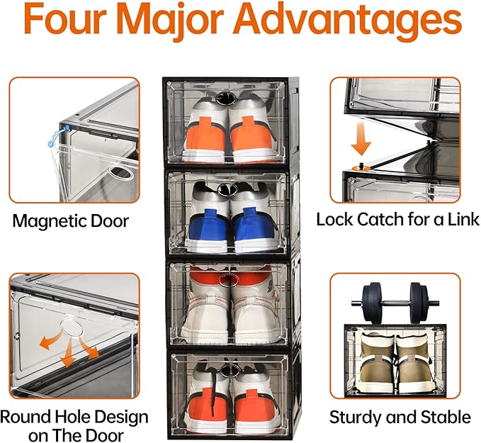 Amllas 12 Pack Shoe Boxes Stackable,Upgraded Sturdy Shoe Storage Boxes with Clear Magnetic Door,Multifunctional Sneaker Storage, Shoe Box Organizer Fit up to US Size 12 Gray(13.8”x 9.84”x 7.1”)