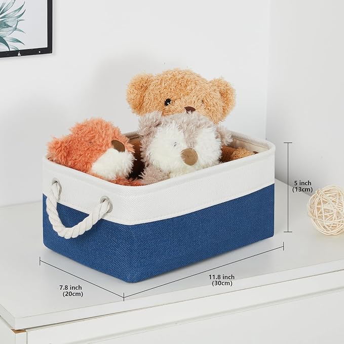 Bidtakay Small Canvas storage baskets with Handles [6 Pack] Navy Blue Fabric Storage Bins 11.8 x 7.8 x 5 inches Decorative storage baskets for Shelves, Closet, Nursery (White&Blue)