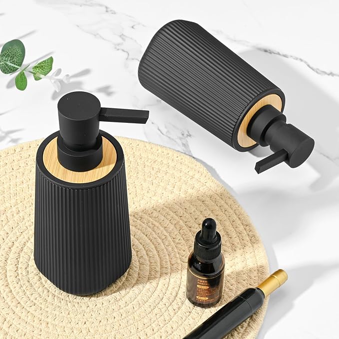 Black Hand Soap Dispenser with Bamboo Decor and No Rust Pump for Bathroom and Kitchen Countertops Refillable Striped Matte Plastic 8.5 oz
