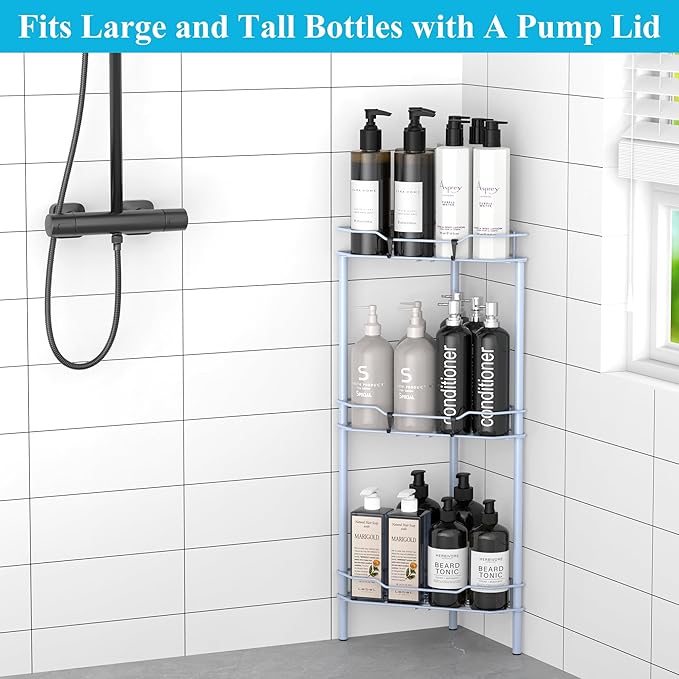 3 Tier Floor Standing Corner Shower Caddy Organizer Shelf with Hooks, Bathroom Shelves Stand Rack, Blue
