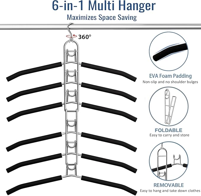 Clothes Hangers Space Saving, Newly Upgraded Detachable Shirt Hangers, 6-Tier Foldable Coat Hanger with 360° Swivel Hook for Closet Organizers and Storage Shirt,Sweater,Suit - 4 Pack, Patent Pending