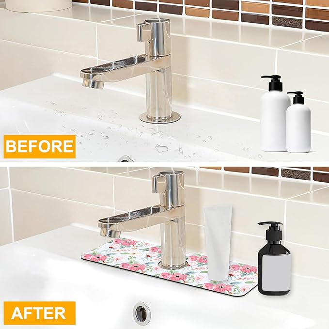 2 Pack Watercolor Floral Sink Faucet Absorbing Mat White Pink Flowers Super Absorbent Fast Drying Mat Sink Gadgets Behind Faucet Sinkmat for Kitchen Bathroom, 15.5"x5.5"