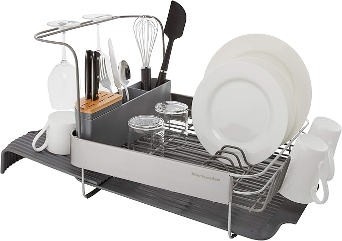 KitchenAid Compact to Full Size Expandable, Rust Resistant Satin Coated Dish Rack with Angled Self Draining Drain Board and Removable Flatware Caddy, 24-Inch, Charcoal