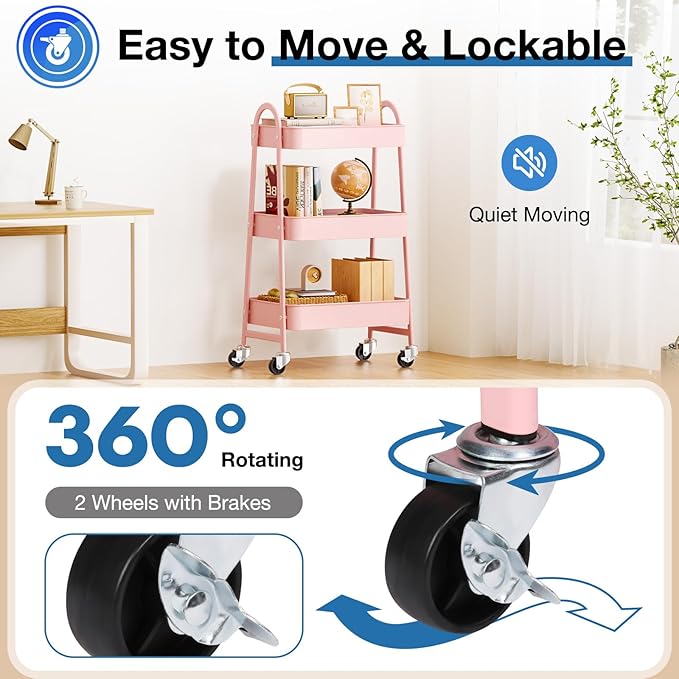 OLIXIS 3 Tier Utility Rolling Cart, Metal Mobile Storage Shelf with Lockable Caster Wheels, Organization for Livingroom, Bathroom & Narrow Places, Pink