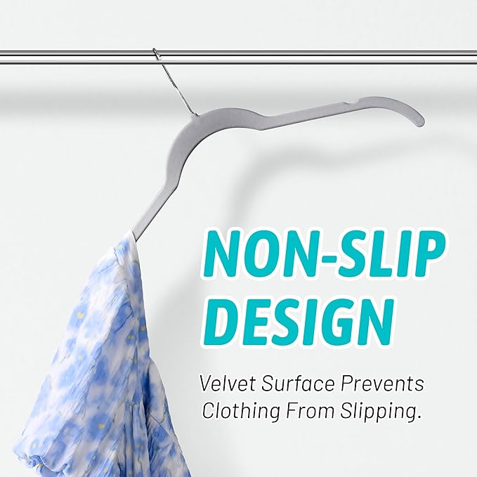 Sishynio Premium Velvet Shirt Hangers 50 Pack, Space-Saving Non-Slip Felt Hanger with 360° Swivel Hook, Slim Flocked Hangers for Strappy Dresses, Blouses, Tank Tops(Grey)