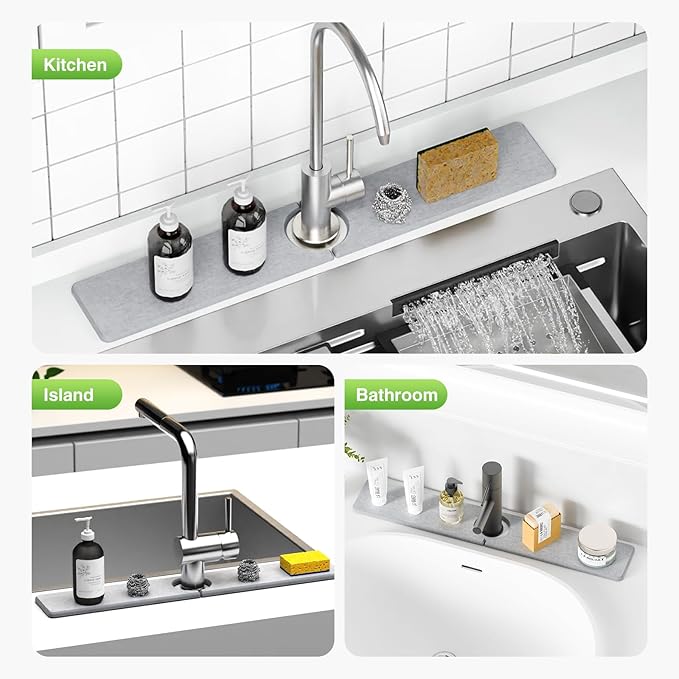 23.6" x 4" Stone Faucet Mat for Kitchen Sink, Quick Drying Diatomite Sink Tray, Faucet Sink Splash Guard for Prevents Moisture Buildup (Light Gray)