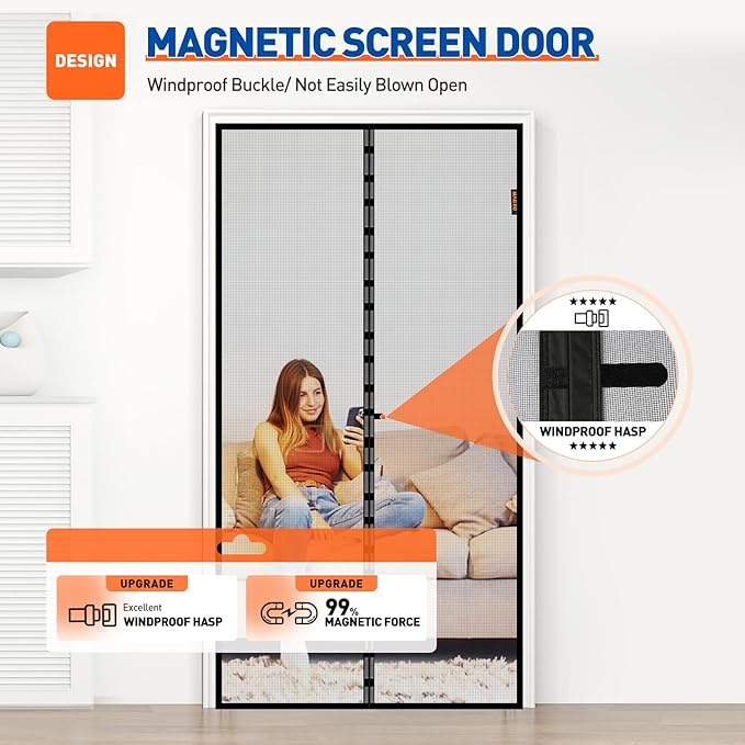 MAGZO Magnetic Screen Door, Fit Door Size 38 x 82 Inch, Actual Screen Size 40 x 83 Inch Reinforced Fiberglass Mesh Curtain Patio Entrance Mesh with Full Frame Hook & Loop, Gray