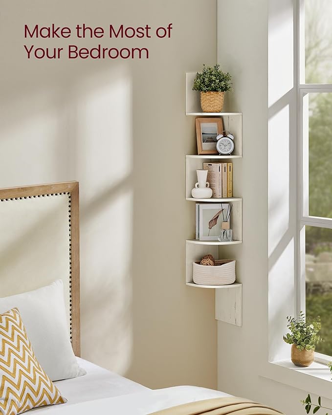 VASAGLE Corner Shelf Wall Mount, 5-Tier Floating Corner Bookshelf, Plant Shelf for Bedroom, Living Room, Bathroom, Home Office, Rustic White