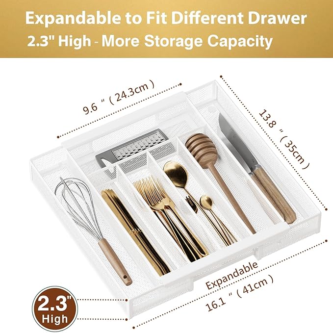 Silverware Organizer Metal Mesh, Drawer Organizer, Utensil Cutlery Tray for kitchen drawers,Expandable Flatware Organizer with 7 Compartment White 9.6"~16.1" x 13.8"