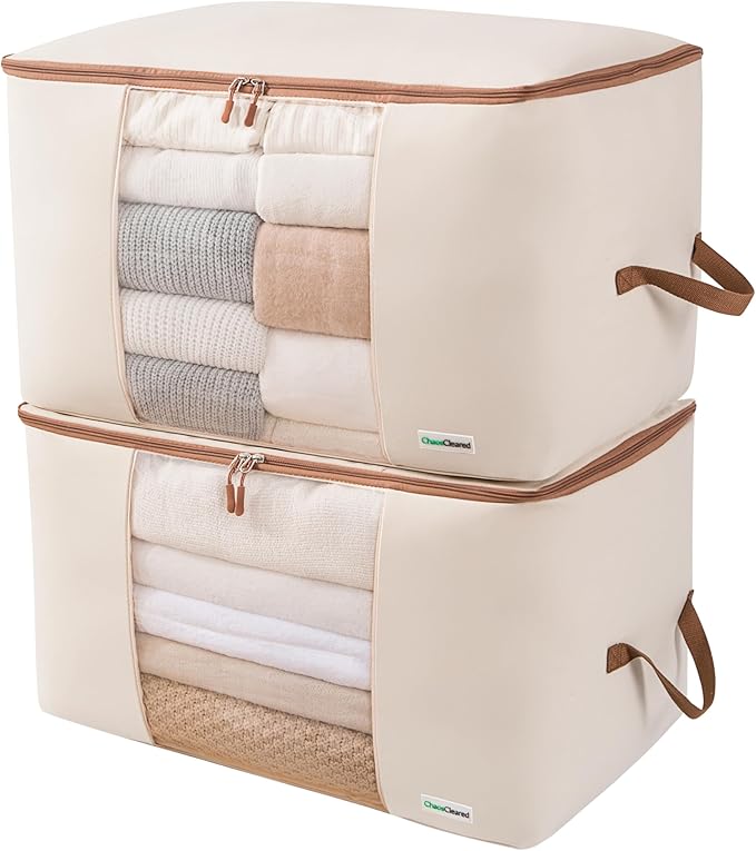 Chaos Cleared Canvas Storage Bags Designer Organizer for Comforters 2 Pack – Seasonal Storage for Pillows, Blankets, Linens & Garments – Foldable Design with Zip & Window, Moth-Proof Space Saver