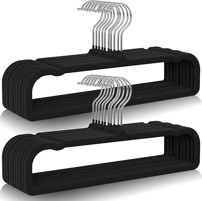 30 Pack Black Velvet Hangers Non Slip, Felt Pants Hangers Thin Space Saving Clothes Hanger Flocked Strong Durable Ganchos para Colgar Ropa with 360°Swivel Hook for Pants Jeans Shorts Skirts Tank Top