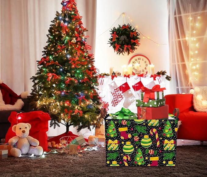 Rectangular Storage Basket Empty,Storage Bin with Handles,Room Decor,Gift Basket,Book Box(Black Christmas)