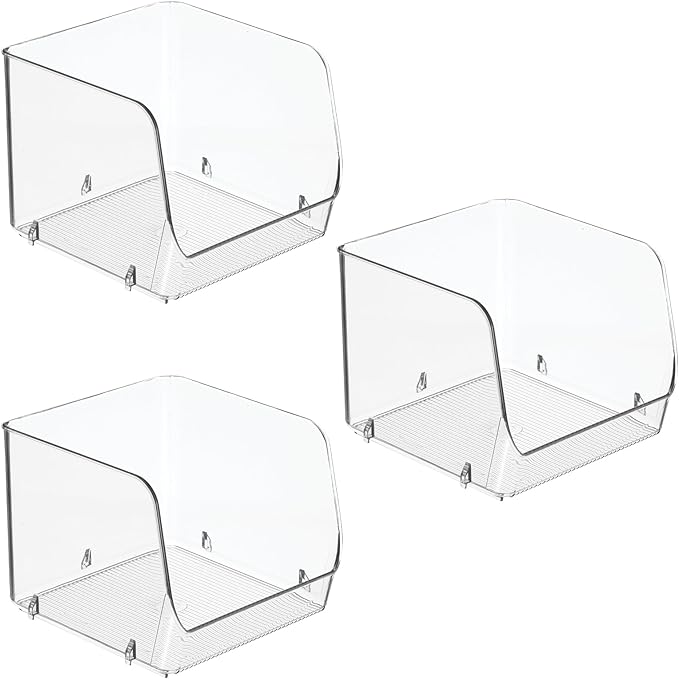 iDesign Stackable Open-Front Storage Bins for Kitchen and Pantry Organization - Set of 3 - Clear