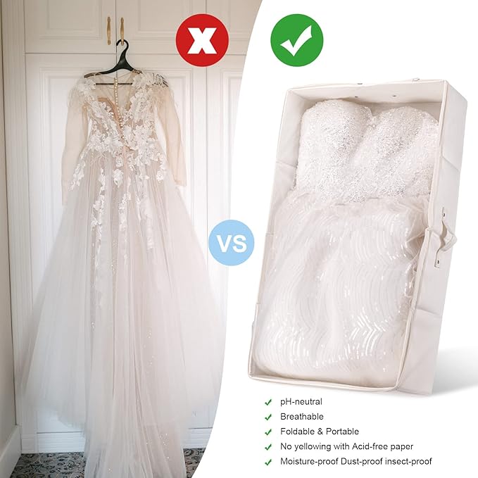 Wedding Dress Storage Box Kit with 20 Sheets of Acid Free Tissue Paper,Dust-proof Shoe Bag,Dust-free White Gloves ,Breathable Foldable Heirloom Wedding Gown Preservation Box - Bride Musthaves Beige