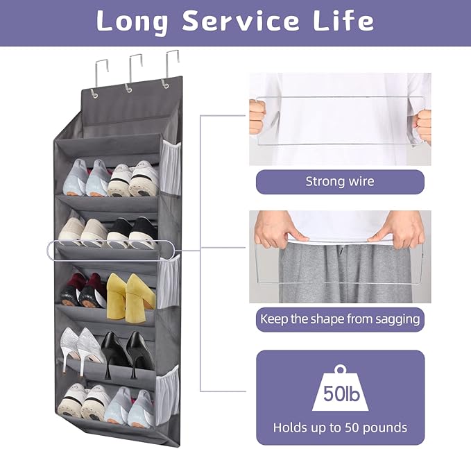 Miracsnail Over the Door Shoe Rack Organizer Hanging Fits 12 Pairs Shoes with 6 Mesh Pockets 6 Deep Large Pockets 50lbs Weight Capacity Behind the Door Storage Organizers for Closet Narrow Door 1 Pack