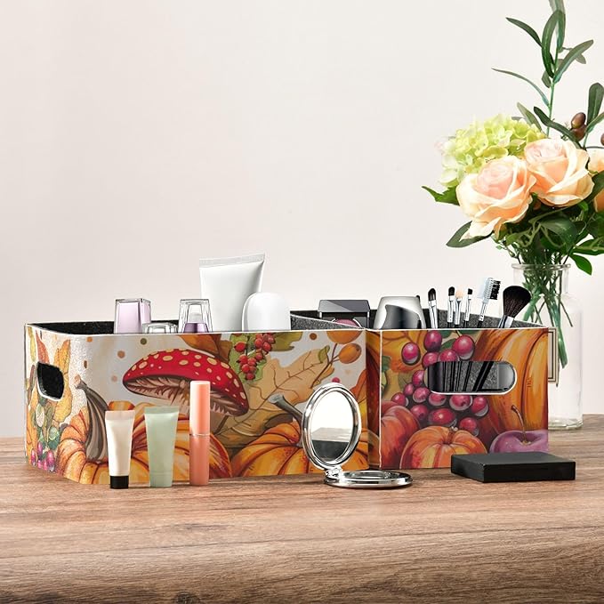 Fall Harvest Pumpkins Mushroom Orange Closet Storage Bins 2 Pcs Felt Open Home Storage Containers Organizer with Handles Collapsible Shelf Basket for Home Office Craft Room Classroom Fabric