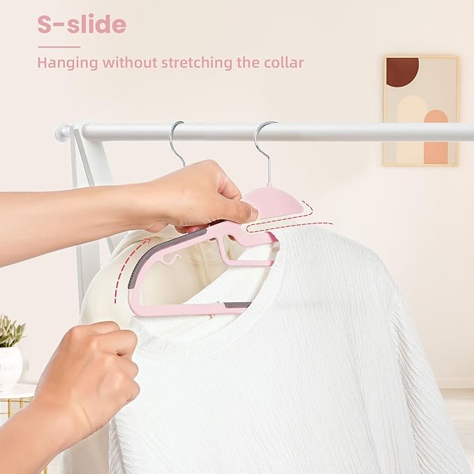 BAGAIL Plastic Hangers 50 Pack with Non-Slip Design,0.2 Inches Thick, 360°Swivel Hook Space Saving Organizer for Bedroom Closet,Shirts,Pants(Pink- S Shaped)
