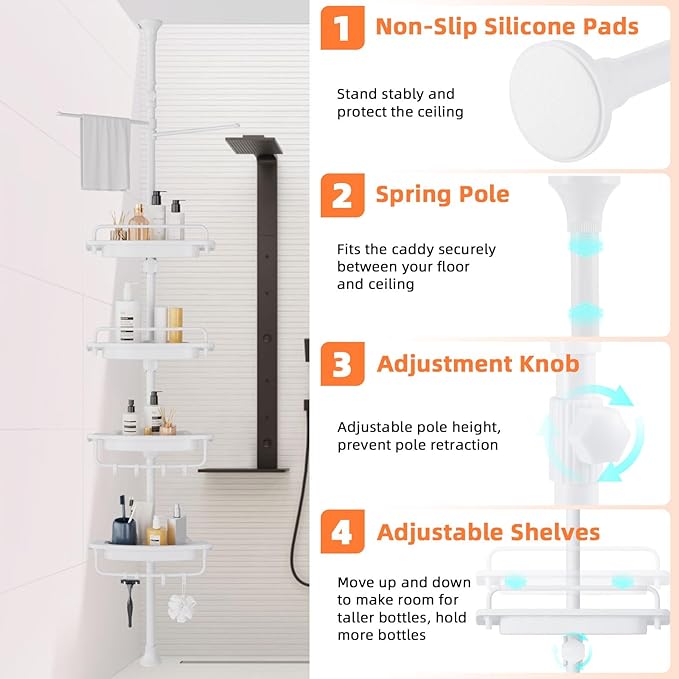 32-122inch Corner Shower Caddy Tension Pole All White, Rustproof Drill-Free Shower Shelves for Bathroom Bathtub Washbasin, Adjustable Shower Organizer with 4 Tier Patent Shelves & Towel Bars