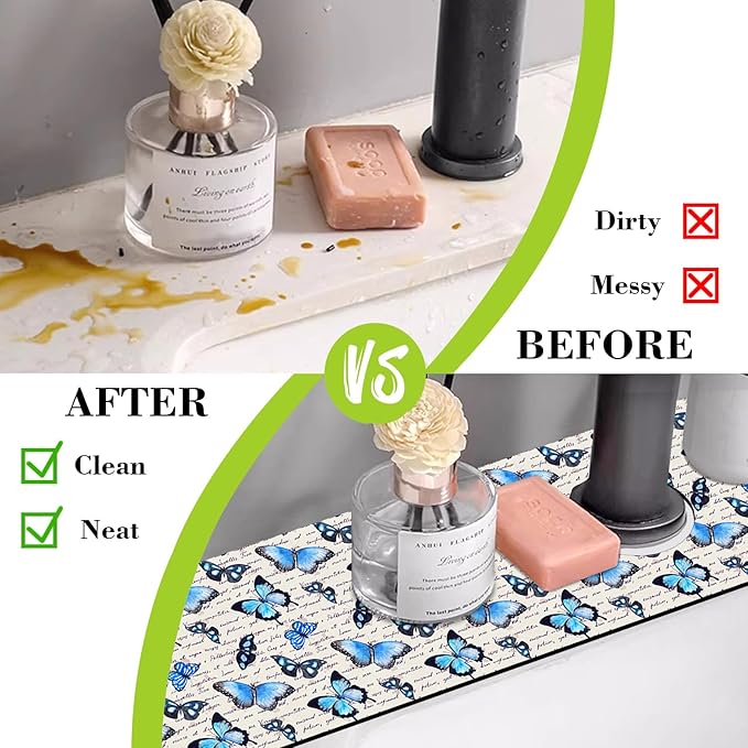 Sink Splash Guard Faucet Mat Watercolor Butterflies Absorbent Fast Drying Mat Sink Gadgets Splash Guard Behind Faucet Drip Catcher for Kitchen Bathroom 23.5"X5.5"