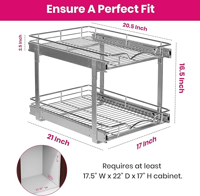 2-Tier Pull-Out Cabinet Organizer with Heavy-Duty Steel Frame, Full-Extension Sliding Shelves, Holds 100 lbs, Easy Install for Kitchen, Pantry & Under Sink Cabinets, 17" W x 21”D x 16.5" H