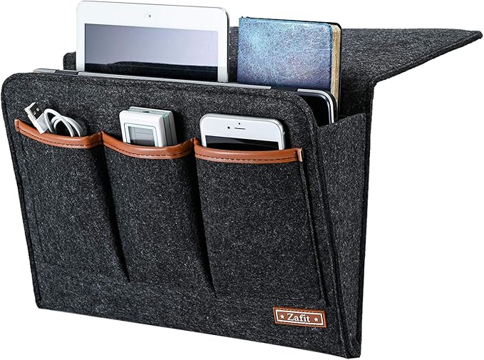 Zafit Bedside Caddy, Large Size Storage Organizer with 6 Pockets for Magazine, Remotes, Phone (13.4'' x 18.1'', Dark Grey)
